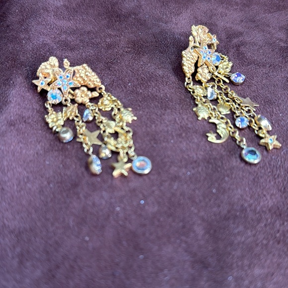 Kirks Folly Long Gold Charm earrings W/Aurora Borealis Crystal moon & star - Picture 5 of 9